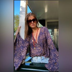 Free People Floral Print Body Suit with Layered Bell Sleeves